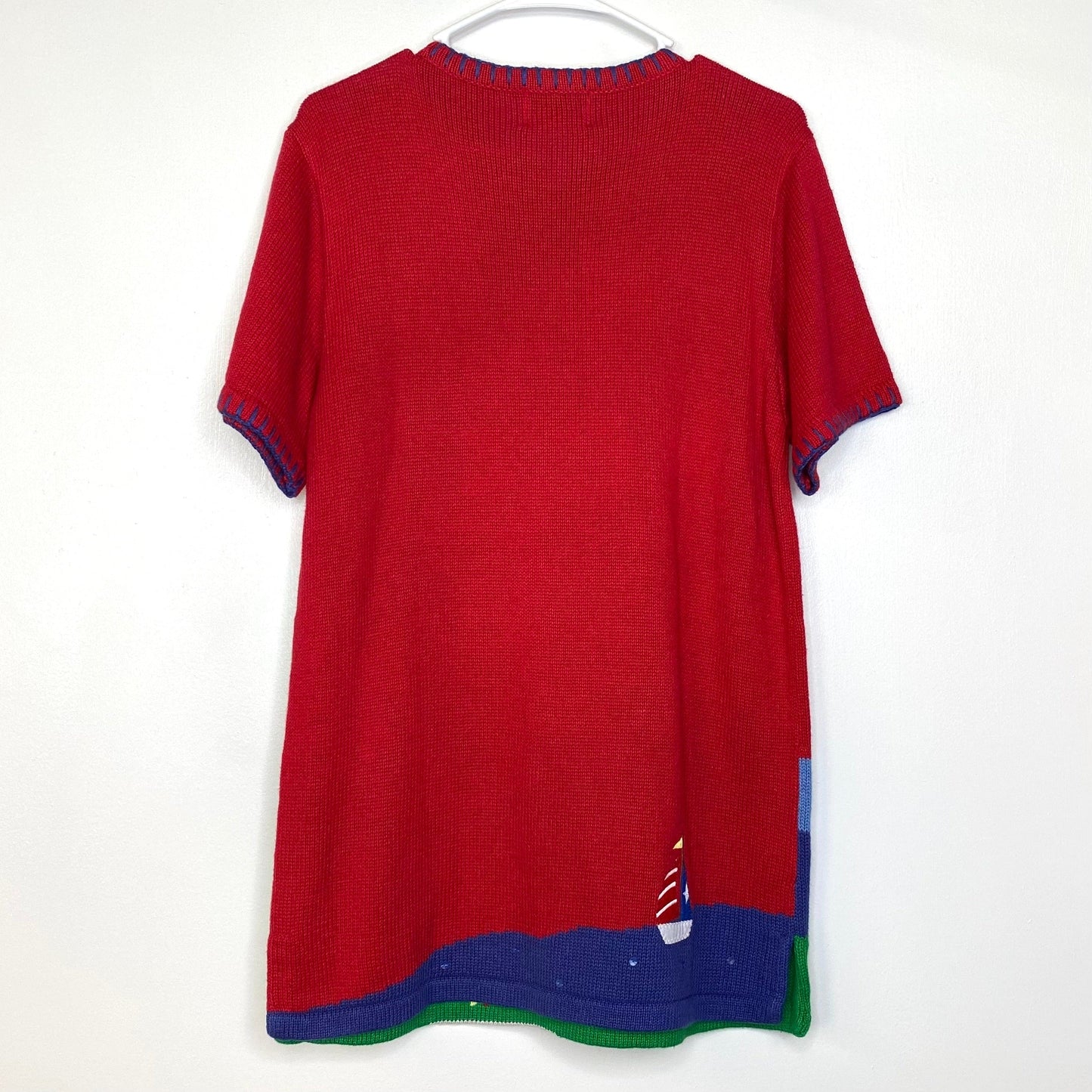 The Quacker Factory Womens Size Small Short Sleeve Sweater Shirt Red Lighthouse Sailboat Pre-Owned