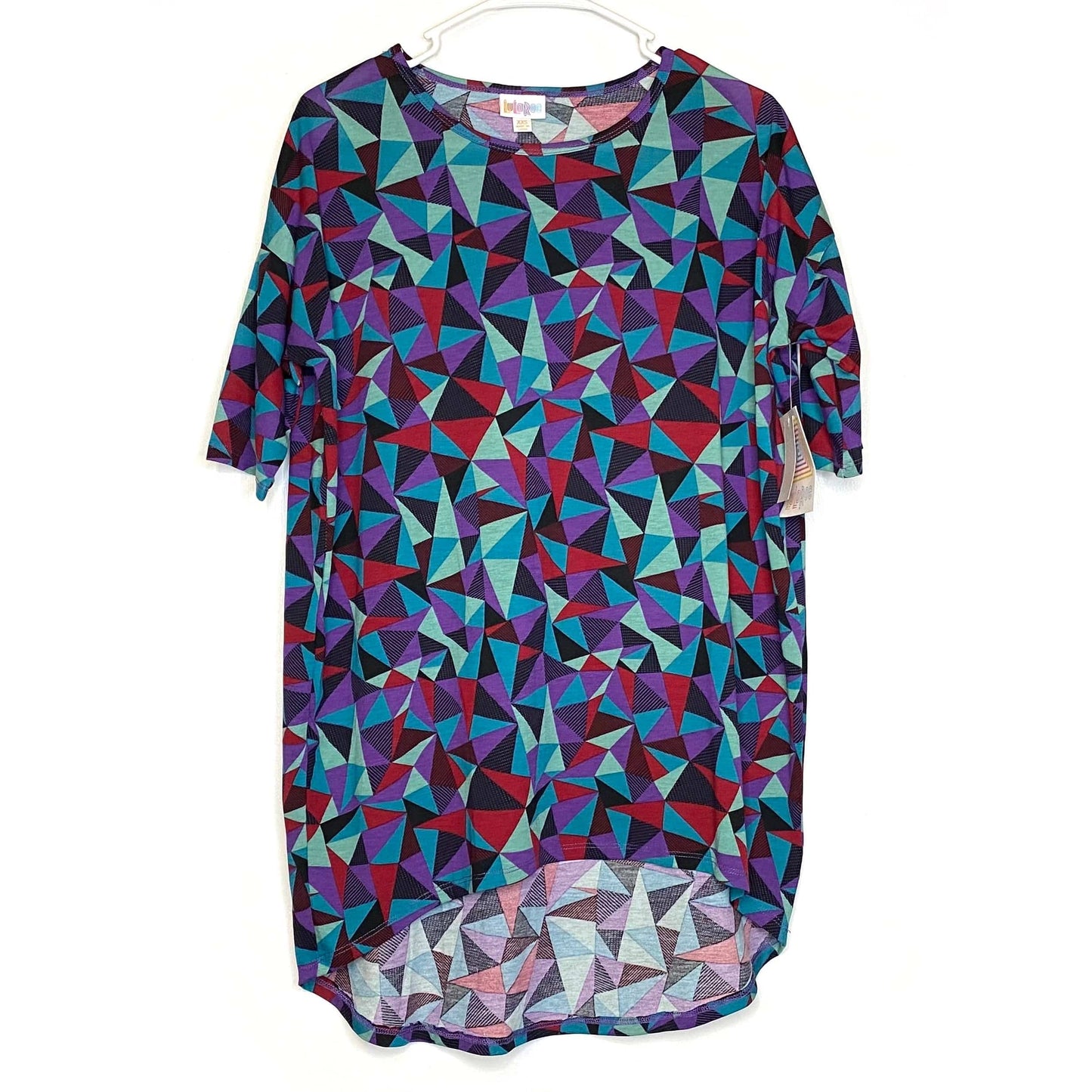 LuLaRoe Womens XXS Irma Purple/Red/Gree Geometric Triangle S/s Tunic Top NWT