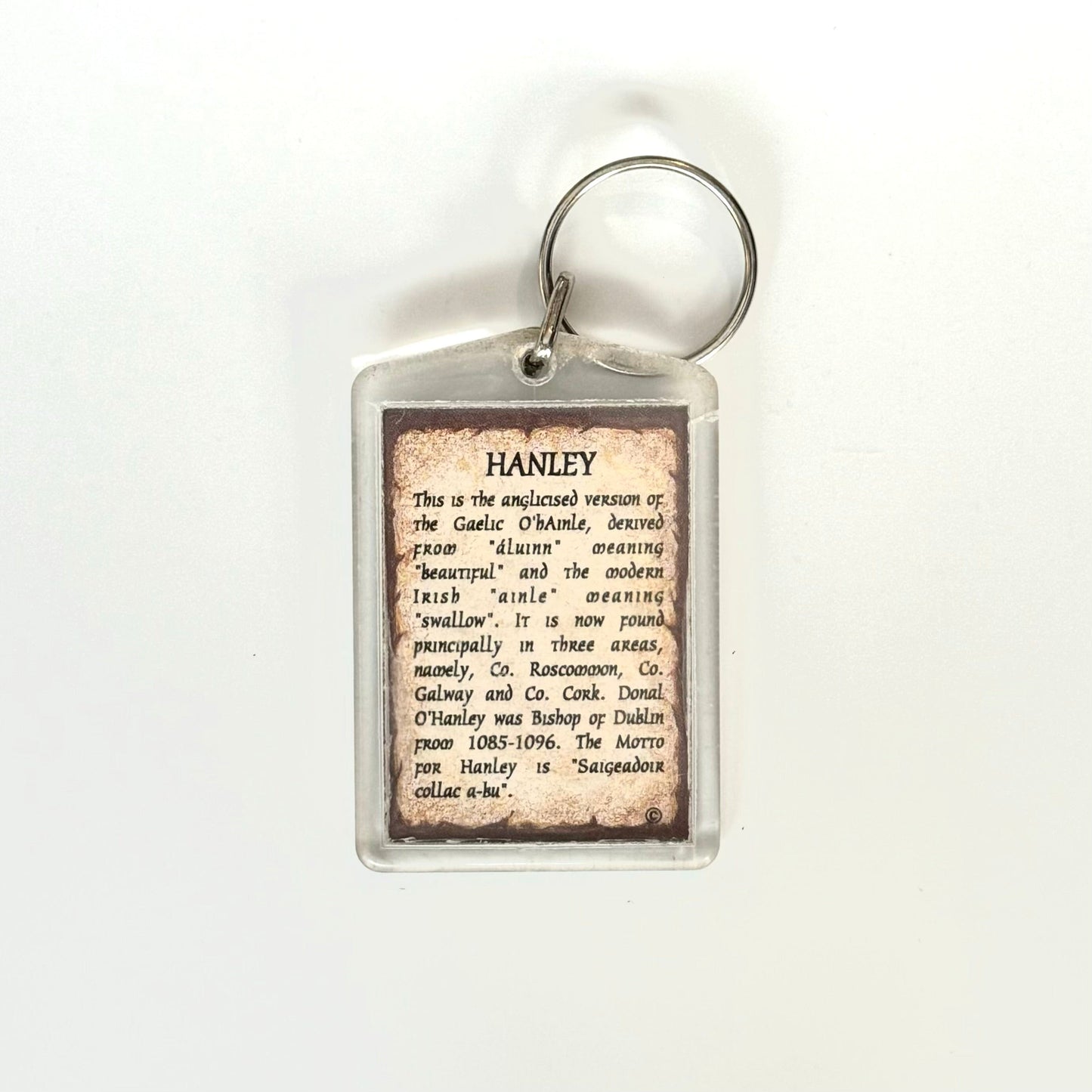 Hanley Family Crest Key Ring Rectangle Clear Acrylic, Fair Condition