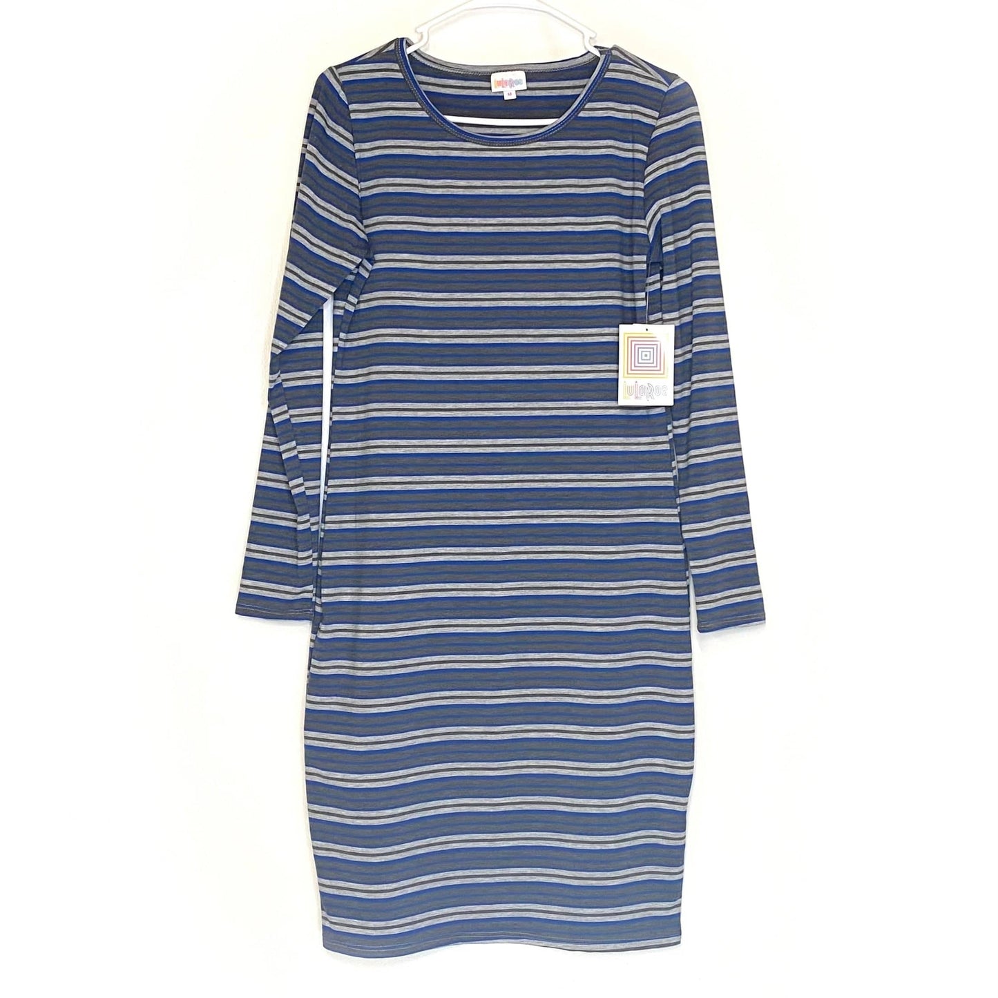 LuLaRoe Womens M Debbie Blue/Gray Balanced Stripes L/s Sheath Dress NWT