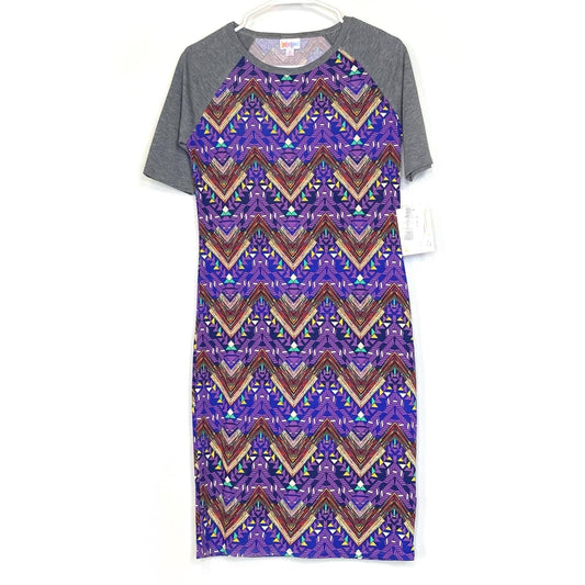 LuLaRoe Julia Bodycon Dress | S (4-6) | Blue/Gold | Gray/Purple/Yellow | NWT