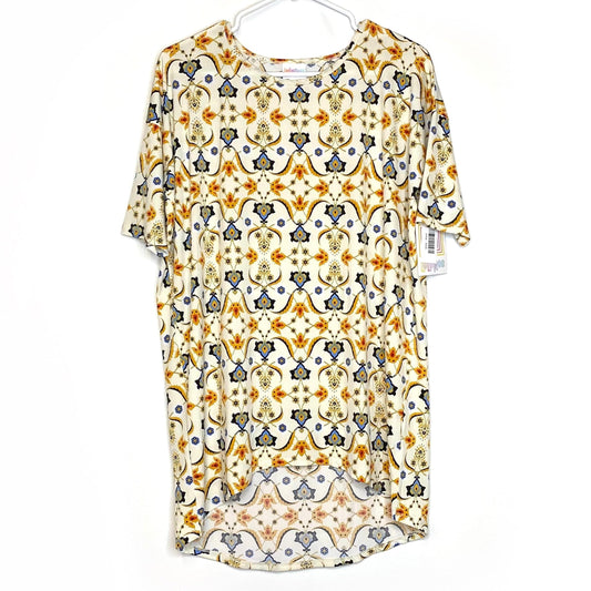 LuLaRoe Womens XXS Irma Orange/Blue/Cream Damask S/s Tunic Top NWT