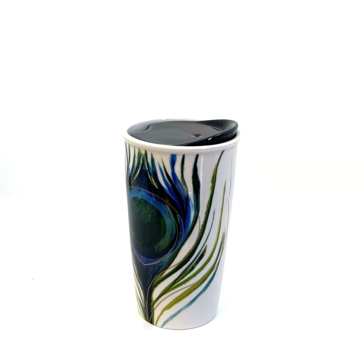 Starbucks | 2015 Ceramic Peacock Feather Mug w/Lid | Color: White/Blue | Size: 12 fl oz | RARE