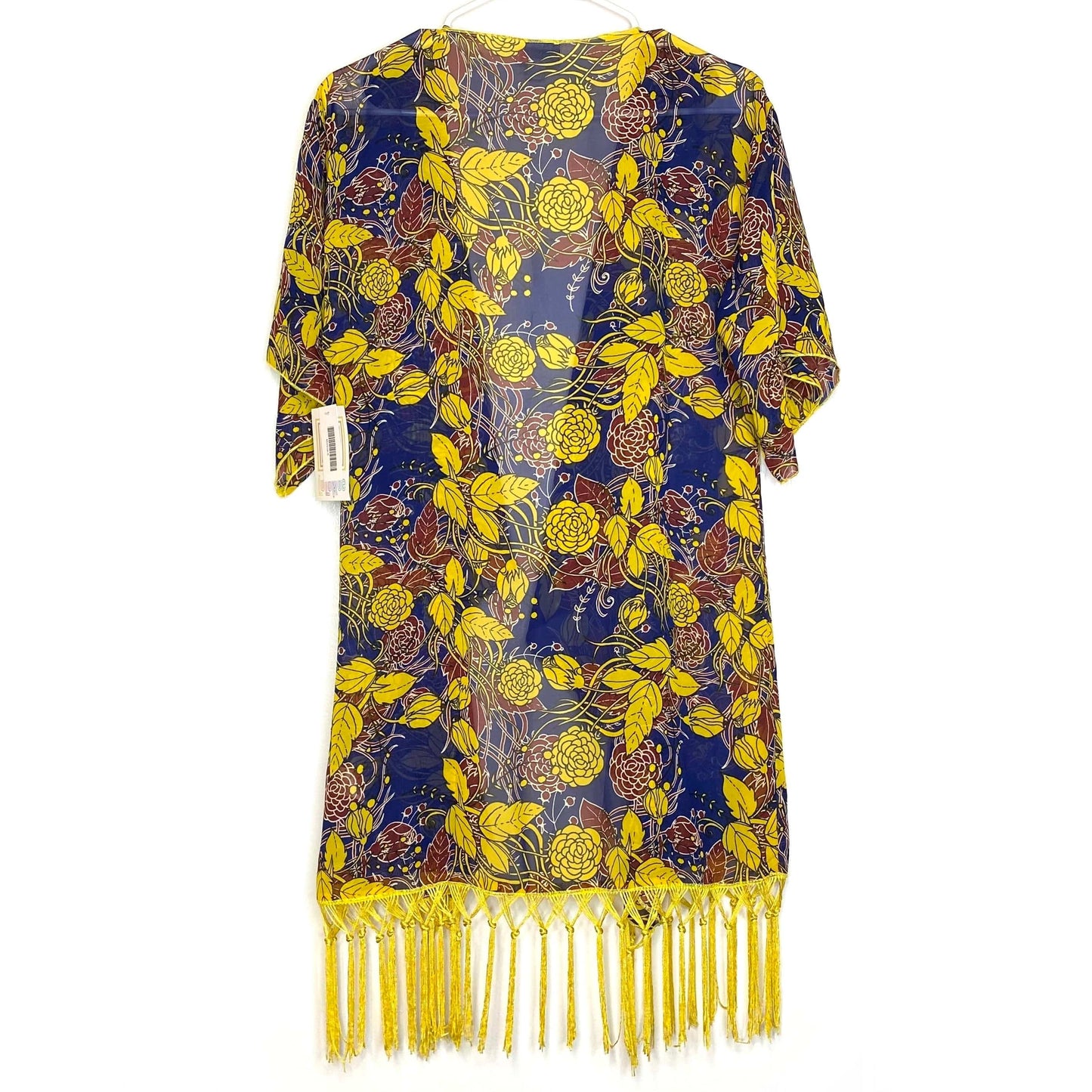 LuLaRoe Womens Size S (0-12) Blue/Yellow Floral ‘Monroe’ Kimono Fringe Cover-Up NWT