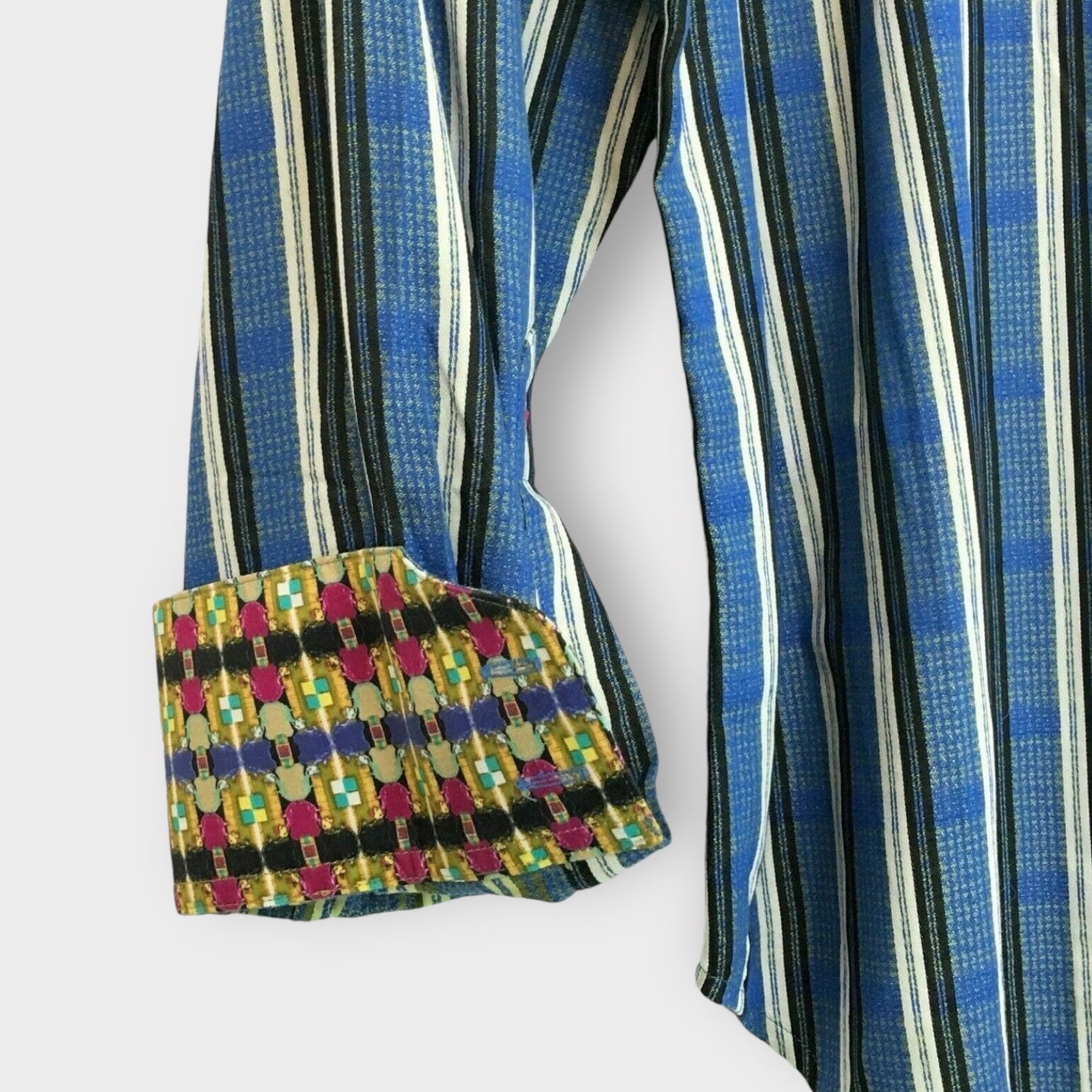 Robert Graham Men's Blue Multi-Stripe Button-Up Shirt with French Cuffs - Silk Trim - Size M