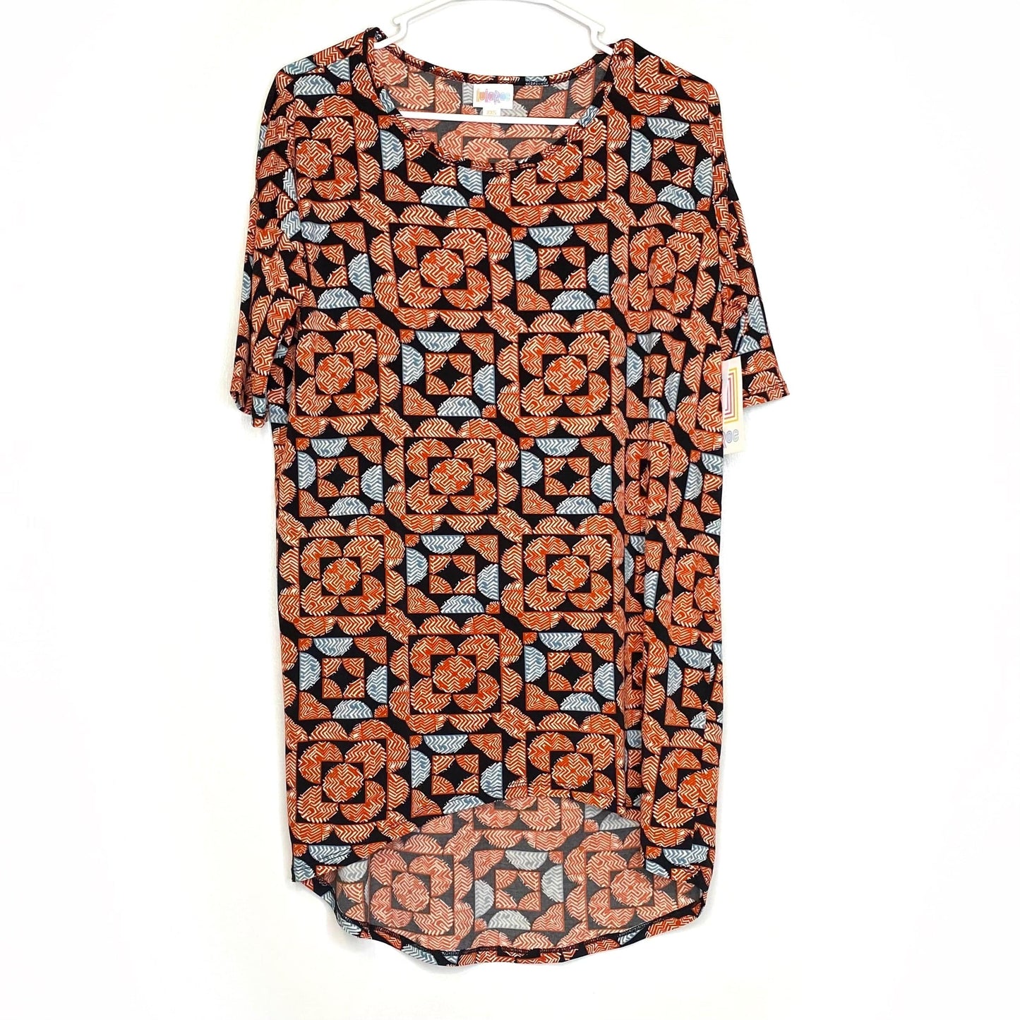 LuLaRoe Womens Size XXS Orange/Blue/Black Geometric/Circles IRMA S/s Top NWT