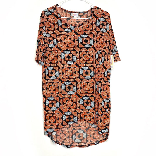 LuLaRoe Womens Size XXS Orange/Blue/Black Geometric/Circles IRMA S/s Top NWT