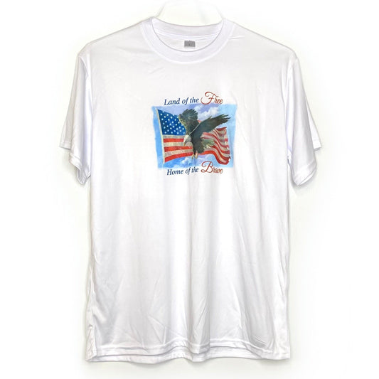 Men's White Short Sleeve T-Shirt with Patriotic Eagle Graphic - Size L - 'Land of the Free, Home of the Brave' - EUC