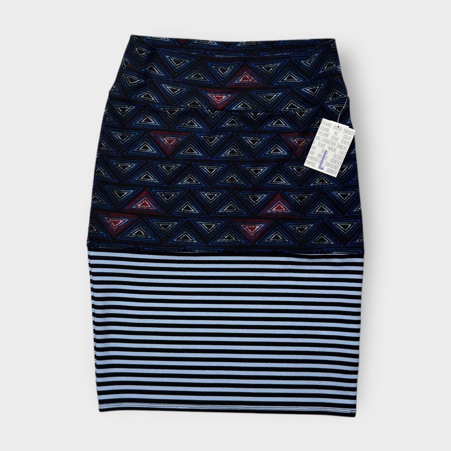 LuLaRoe Cassie Pencil Skirt - Blue Geometric Striped Mix - Women's L (14-16) - NWT