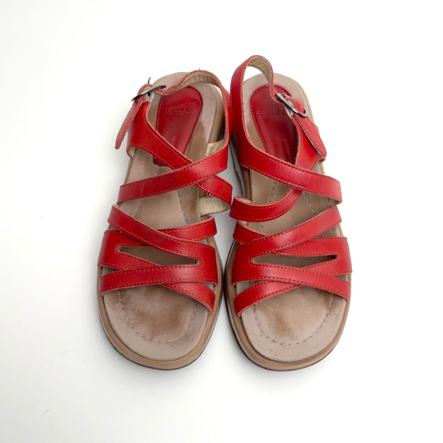 Dansko Womens Red Leather Strappy Sandals | EU 40 (US 9.5-10) | Adjustable Ankle Strap | Made in Morocco - | Buy at Parsimony Shoppes