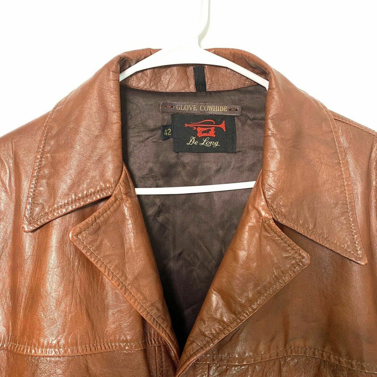De Long Vintage Brown Cowhide Leather Coat Jacket | Size 42 (L) | Button Closure | VGC - | Buy at Parsimony Shoppes