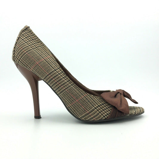 Delicious Womens Size 7.5 Brown Houndstooth Open Toe Bows Heels Pumps Shoes -  | Buy at Parsimony Shoppes