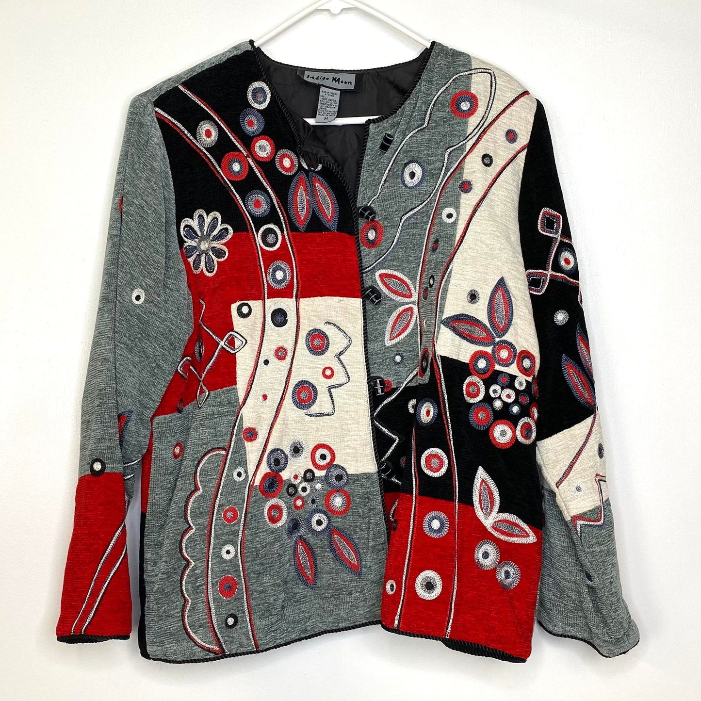 Delightful Indigo Moon Womens Jacket Size Medium Gray/Black/Red Embroidered & Embellished Button-Up - | Buy at Parsimony Shoppes