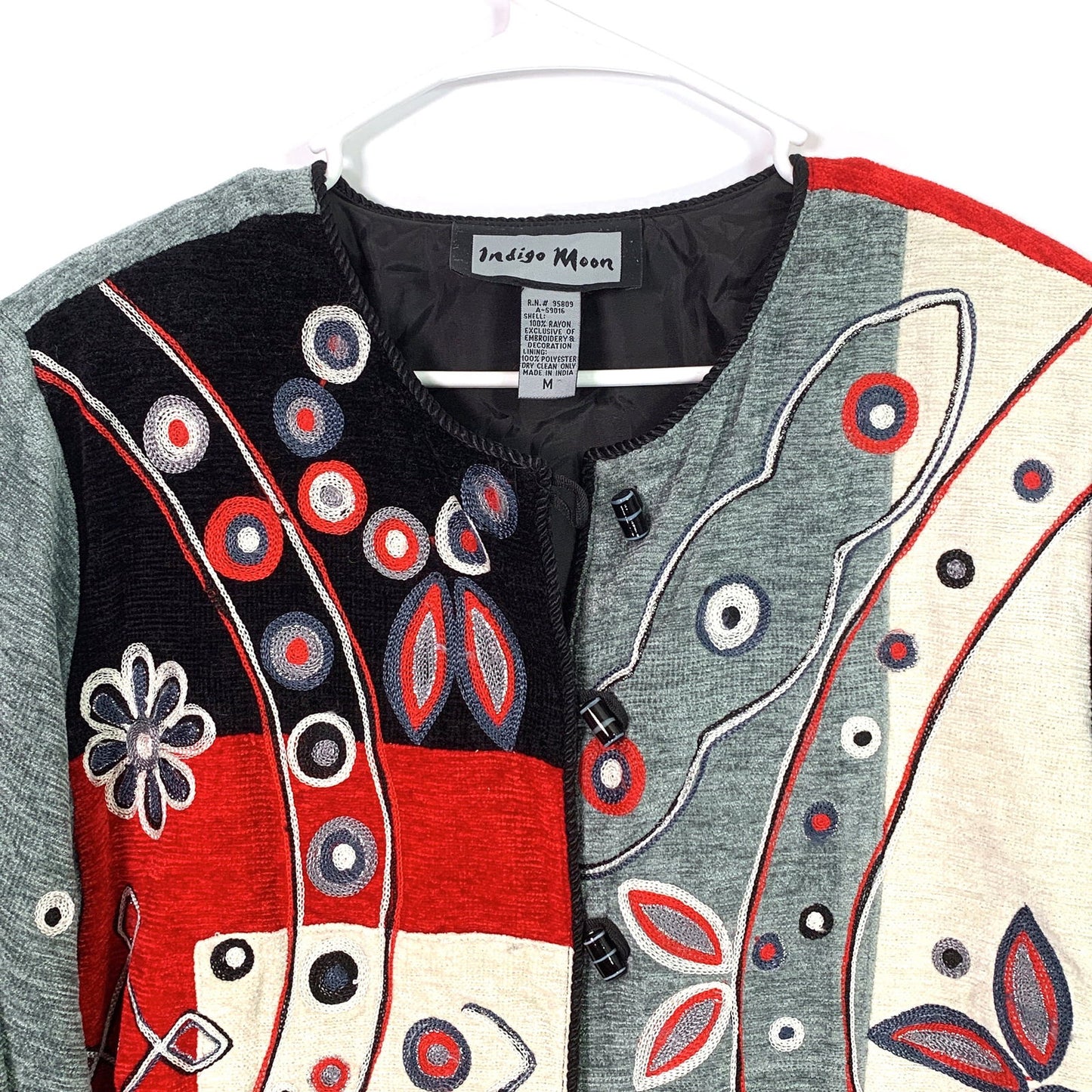 Delightful Indigo Moon Womens Jacket Size Medium Gray/Black/Red Embroidered & Embellished Button-Up - | Buy at Parsimony Shoppes