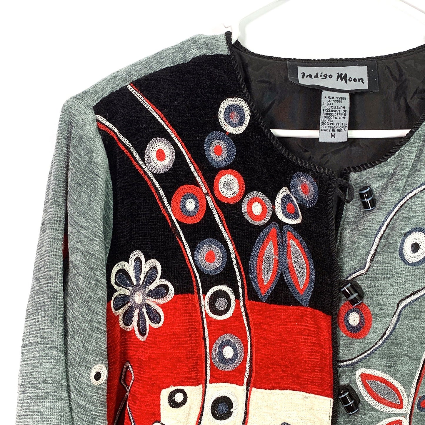 Delightful Indigo Moon Womens Jacket Size Medium Gray/Black/Red Embroidered & Embellished Button-Up - | Buy at Parsimony Shoppes