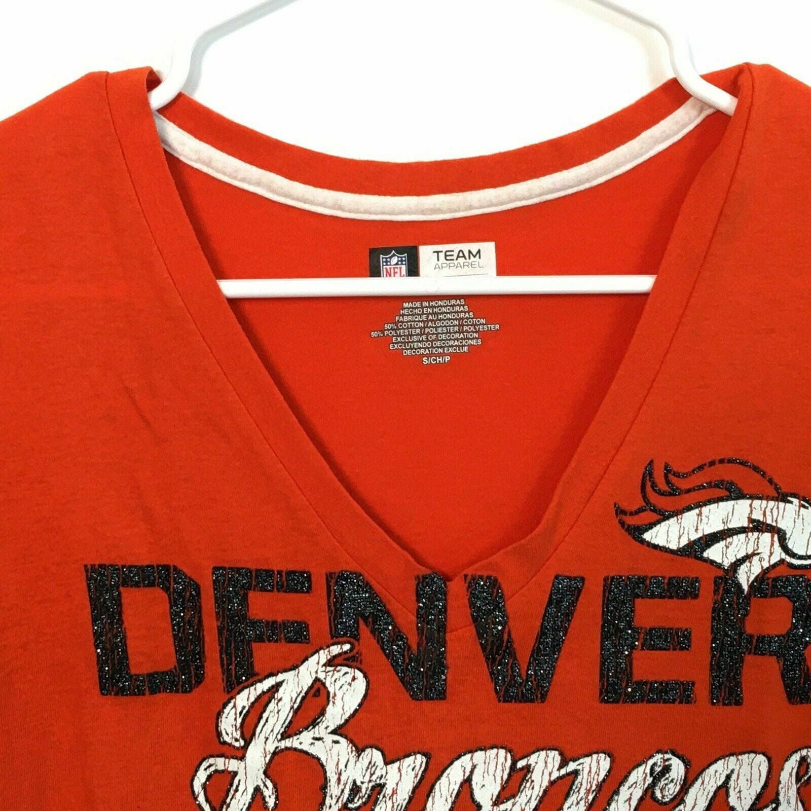 Denver Broncos NFL Team Apparel Womens Size S Orange V-Neck T-Shirt Blue Sparkle -  | Buy at Parsimony Shoppes
