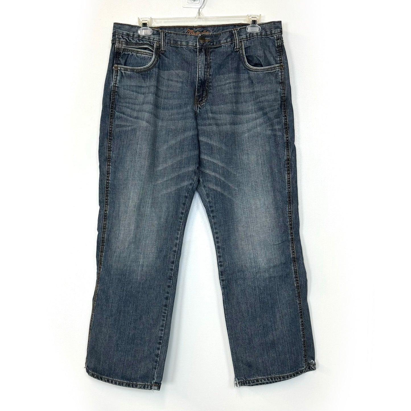 Wrangler Mens Bootcut Denim Jeans – Pre-Worn Comfort for Everyday Wear – Available in Blue – Size 38x32