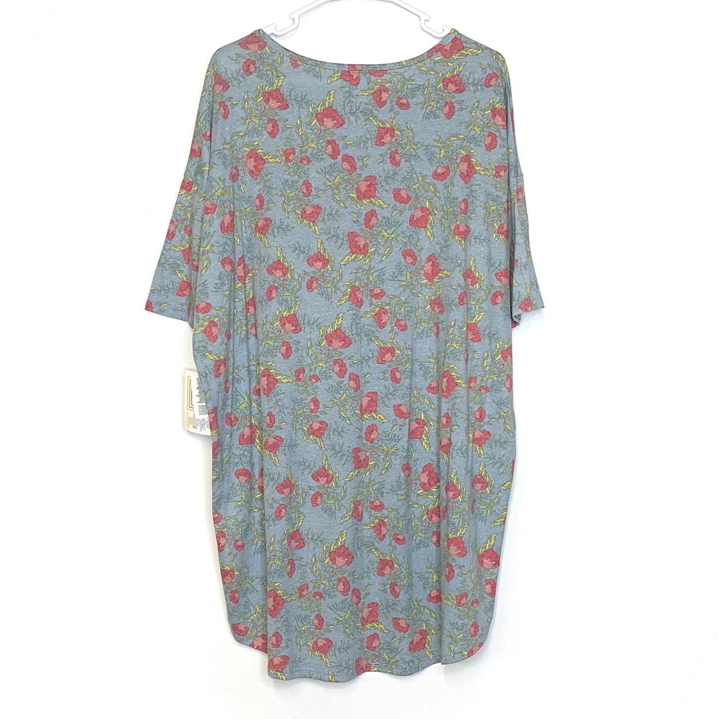 LuLaRoe Womens L Irma Light Blue/Red Heather/Floral Pattern S/s Tunic Top NWT