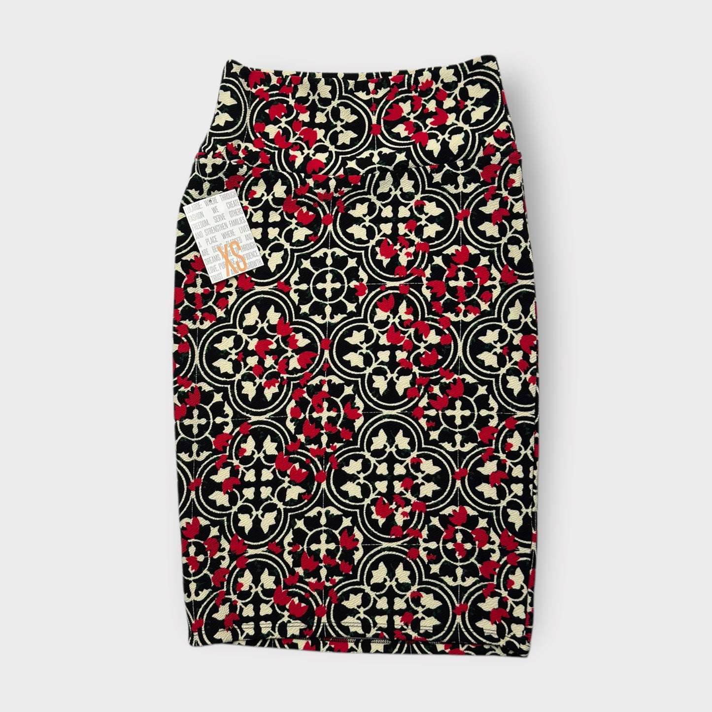 LuLaRoe Cassie Pencil Skirt - Red/Black/White Ornate Tiles - Women's XS (0-2) - NWT