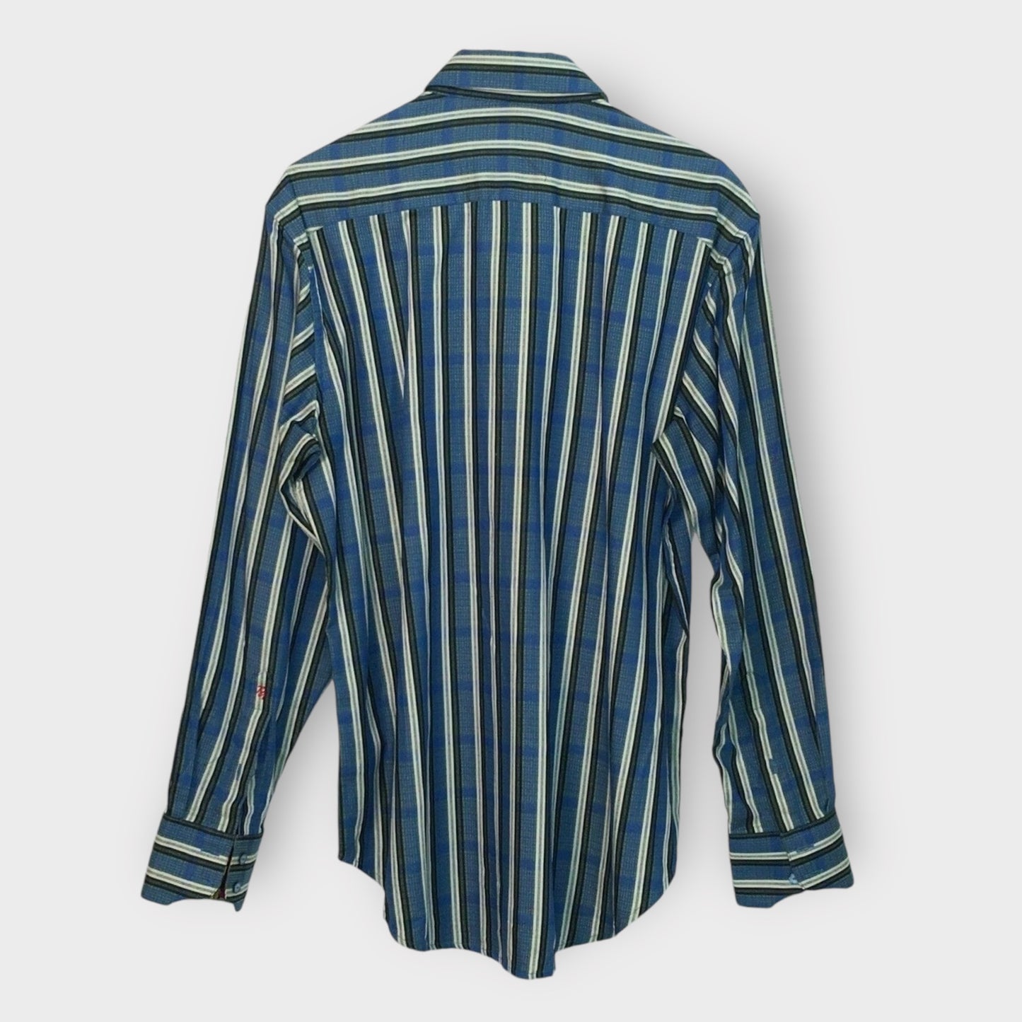 Robert Graham Men's Blue Multi-Stripe Button-Up Shirt with French Cuffs - Silk Trim - Size M