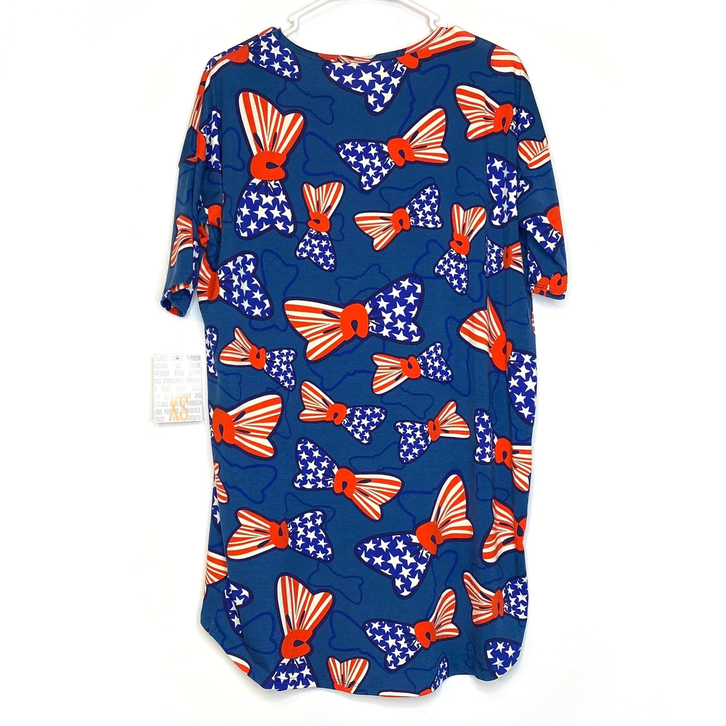 LuLaRoe Womens XS Irma Red/White/Blue American Flag Bows S/s Tunic Top NWT