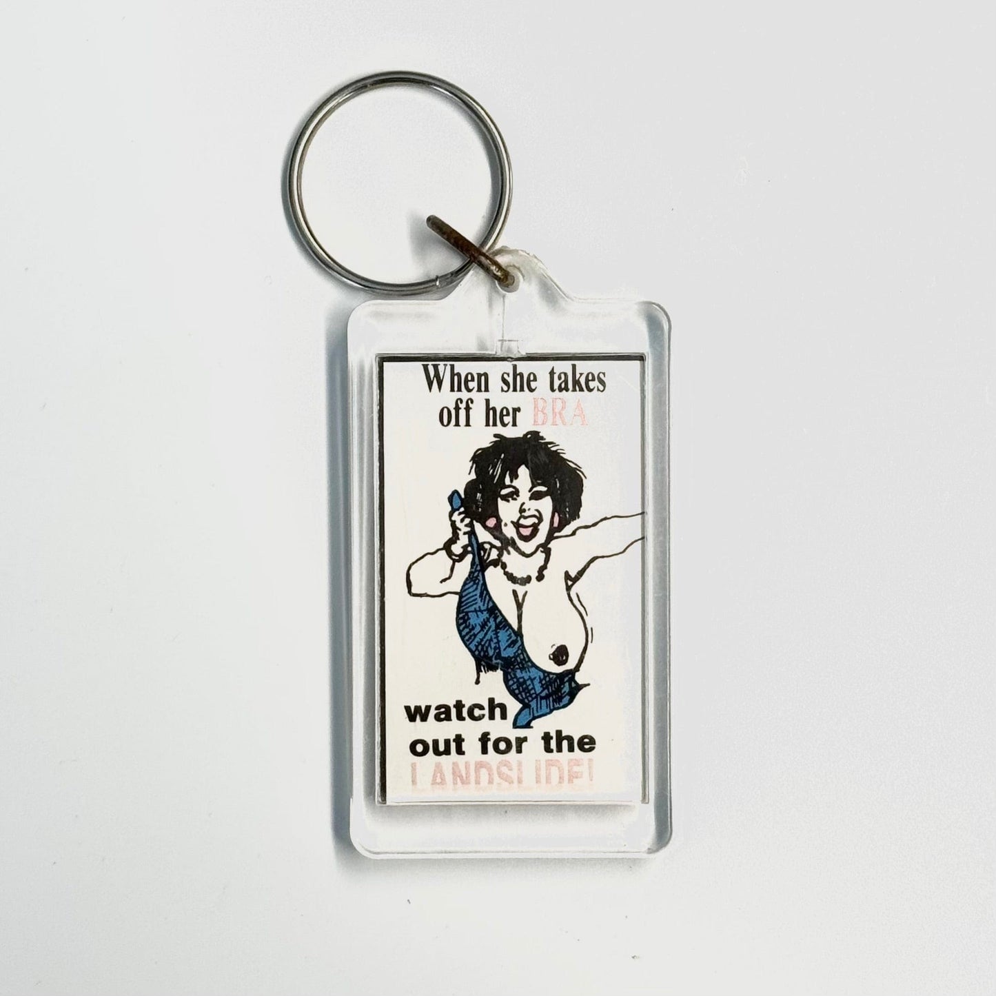 Vintage Novelty Adult Humor ‘When She Takes Off Her BRA’ Keychain Key Ring Rectangle Clear Acrylic, good conditiono