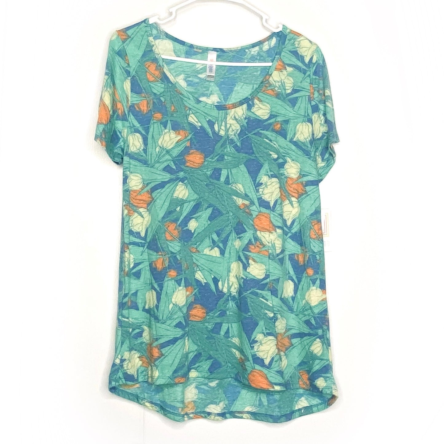 LuLaRoe Womens L Green/Orange/Cream Floral Classic T S/s Top | NWT