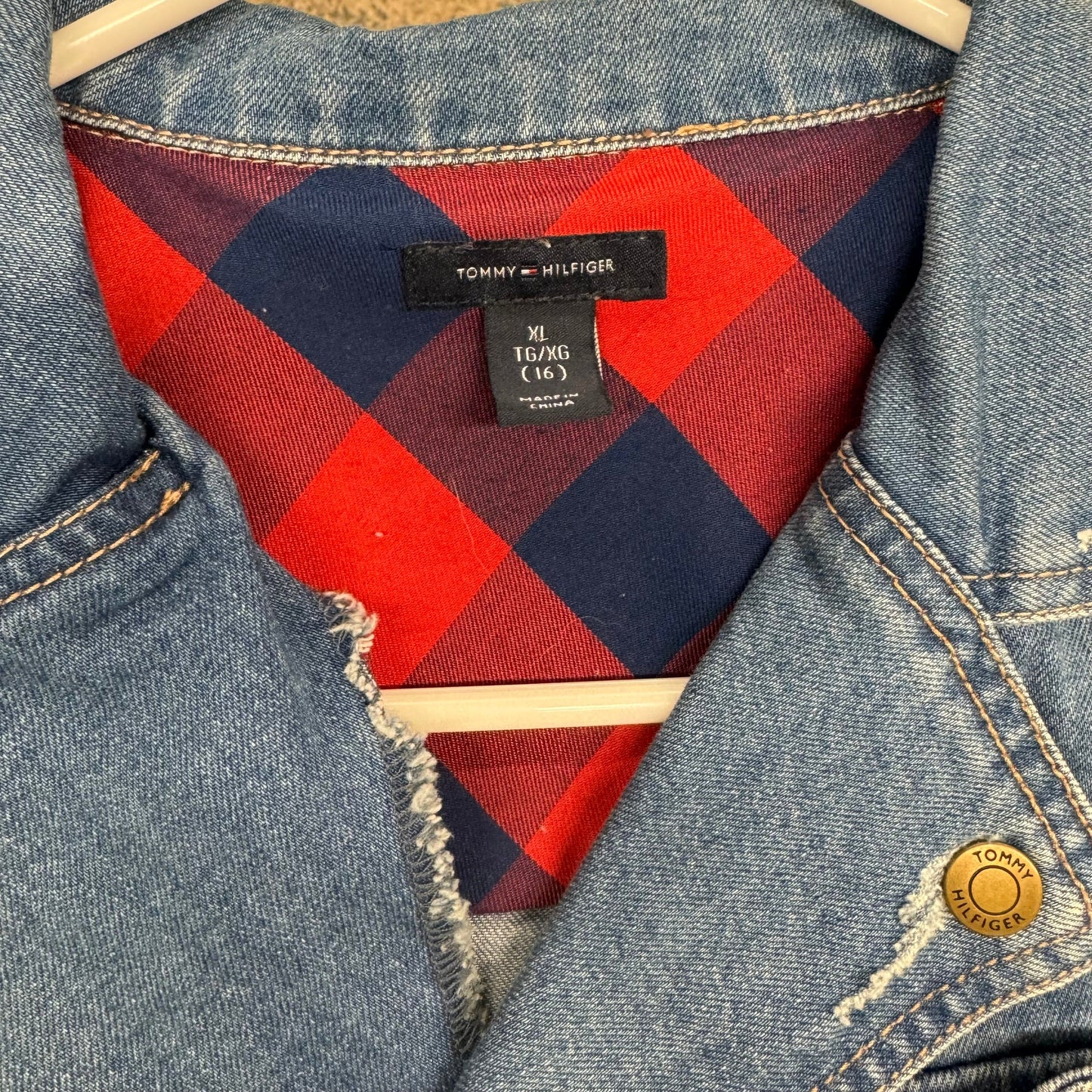 Tommy Hilfiger Girls' Denim Dress with Buffalo Plaid Lining- Blue, Size XL (16)