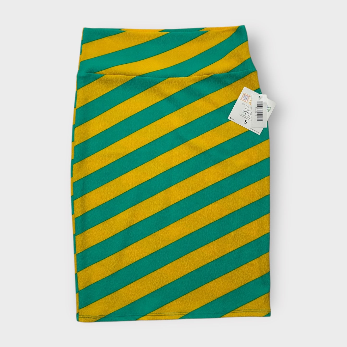 LuLaRoe Cassie Pencil Skirt - Yellow and Green Diagonal Striped Pattern - Size S (4-6) - NWT