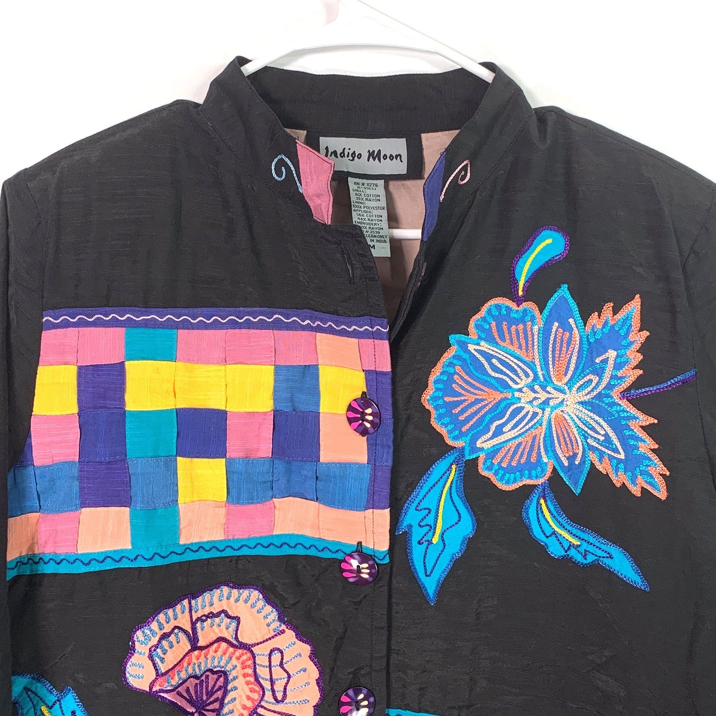 Elegant Indigo Moon Womens Size Medium Black Jacket Mandrin Collar Embroidered & Embellished - | Buy at Parsimony Shoppes