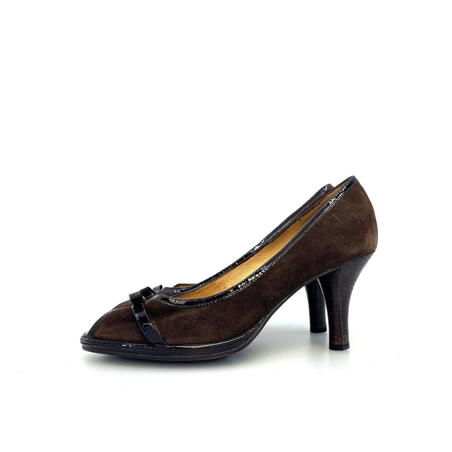 Elegant Söfft Brown Heels Suede Patent Leather Peep-Toe Bow Size 7.5M - | Buy at Parsimony Shoppes