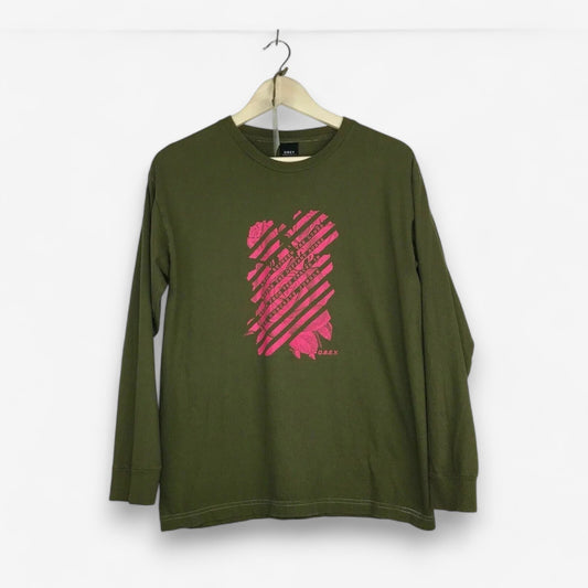 Obey Men's Olive Green Graphic Long Sleeve T-Shirt - Size M - Pre-Owned