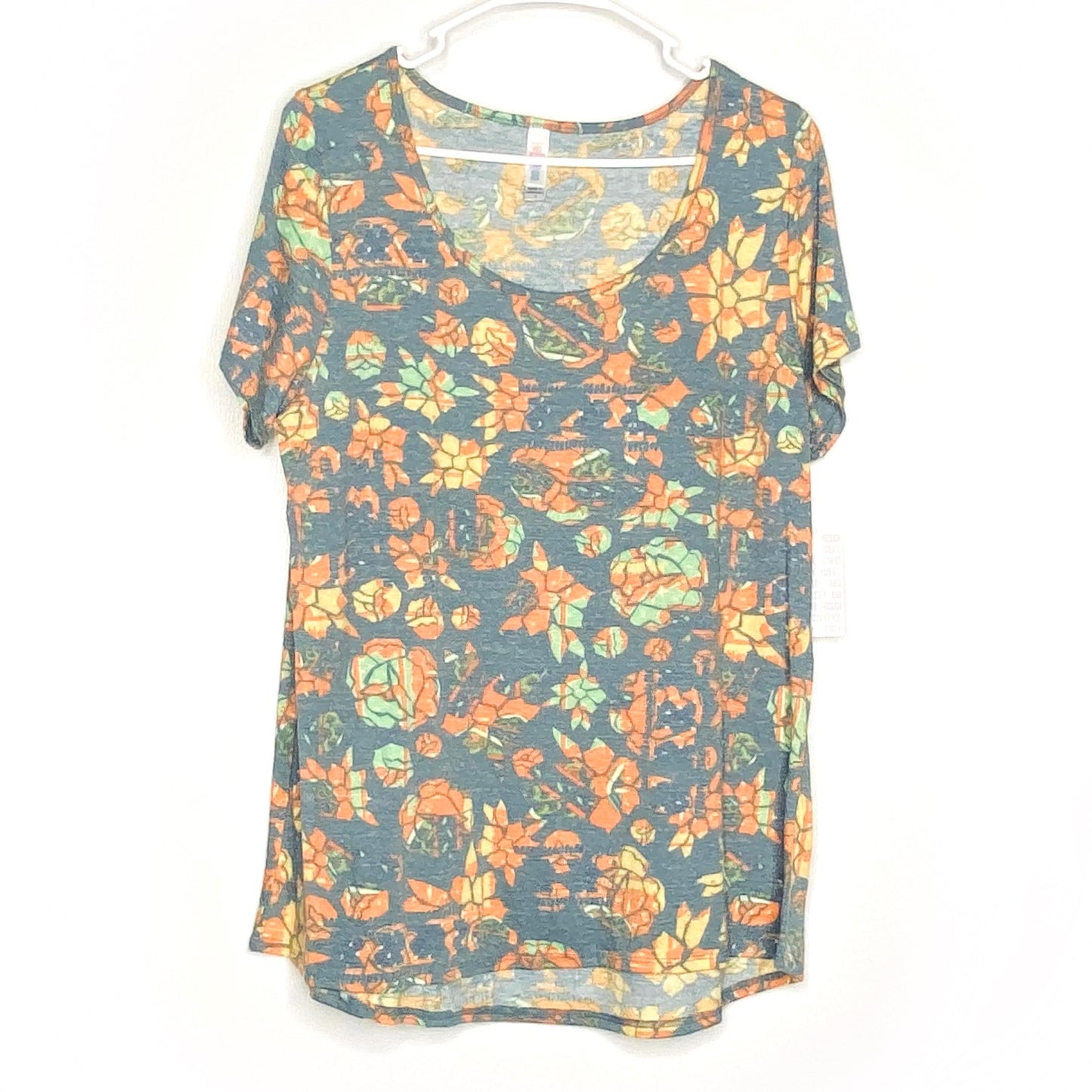 LuLaRoe Womens L Heather Blue/Orange Geometric-Floral Classic T S/s Top | NWT