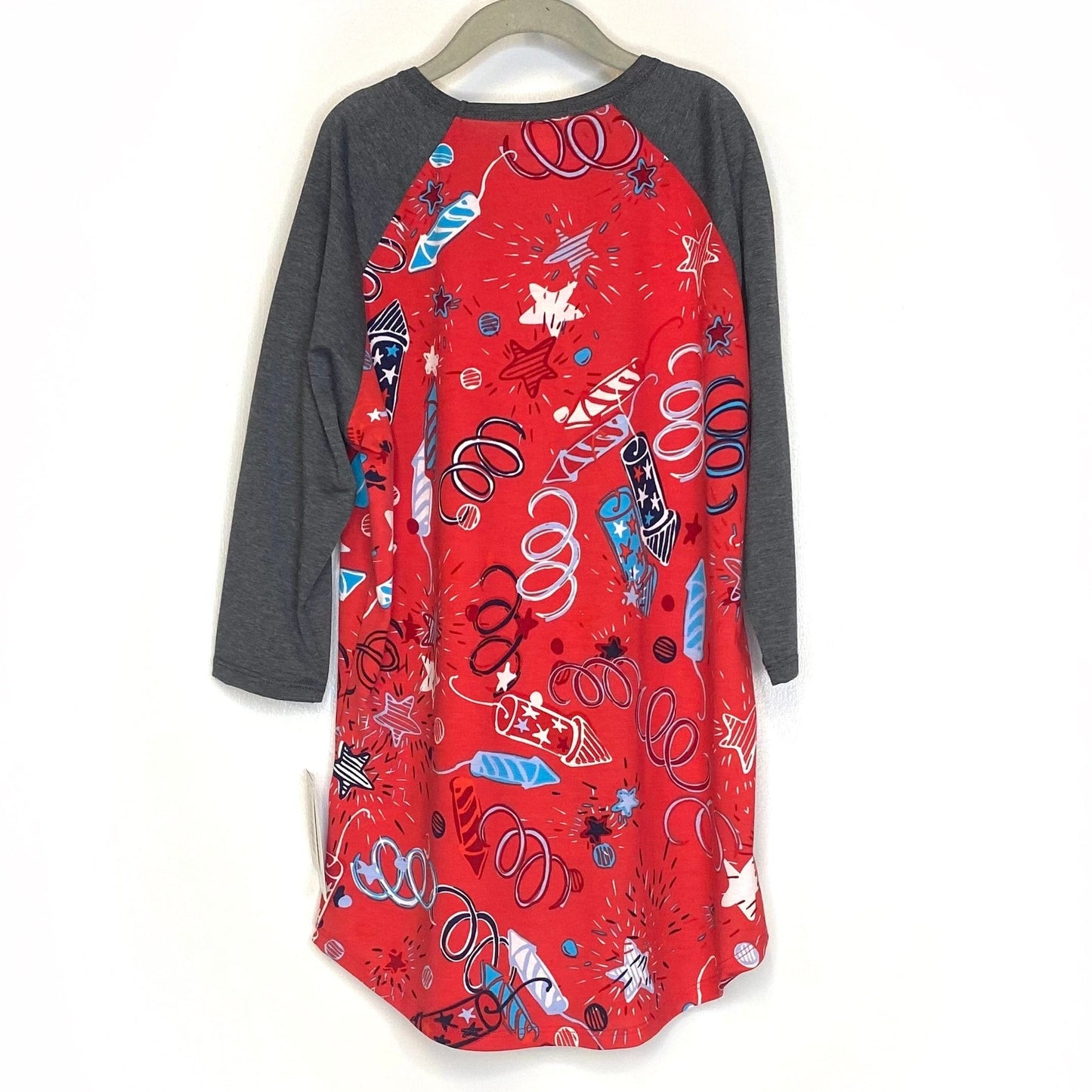 LuLaRoe Kids Unisex 14 Gray/Red Sloan ‘Fireworks’ Raglan T-Shirt 3/4 Sleeves NWT