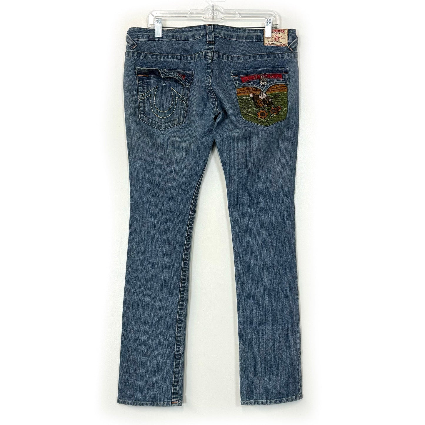 True Religion Johnny Buddha Guitar Jeans – Comfortable Cotton Blend for Women – Perfect for Casual Wear – Available in Blue, Size 31