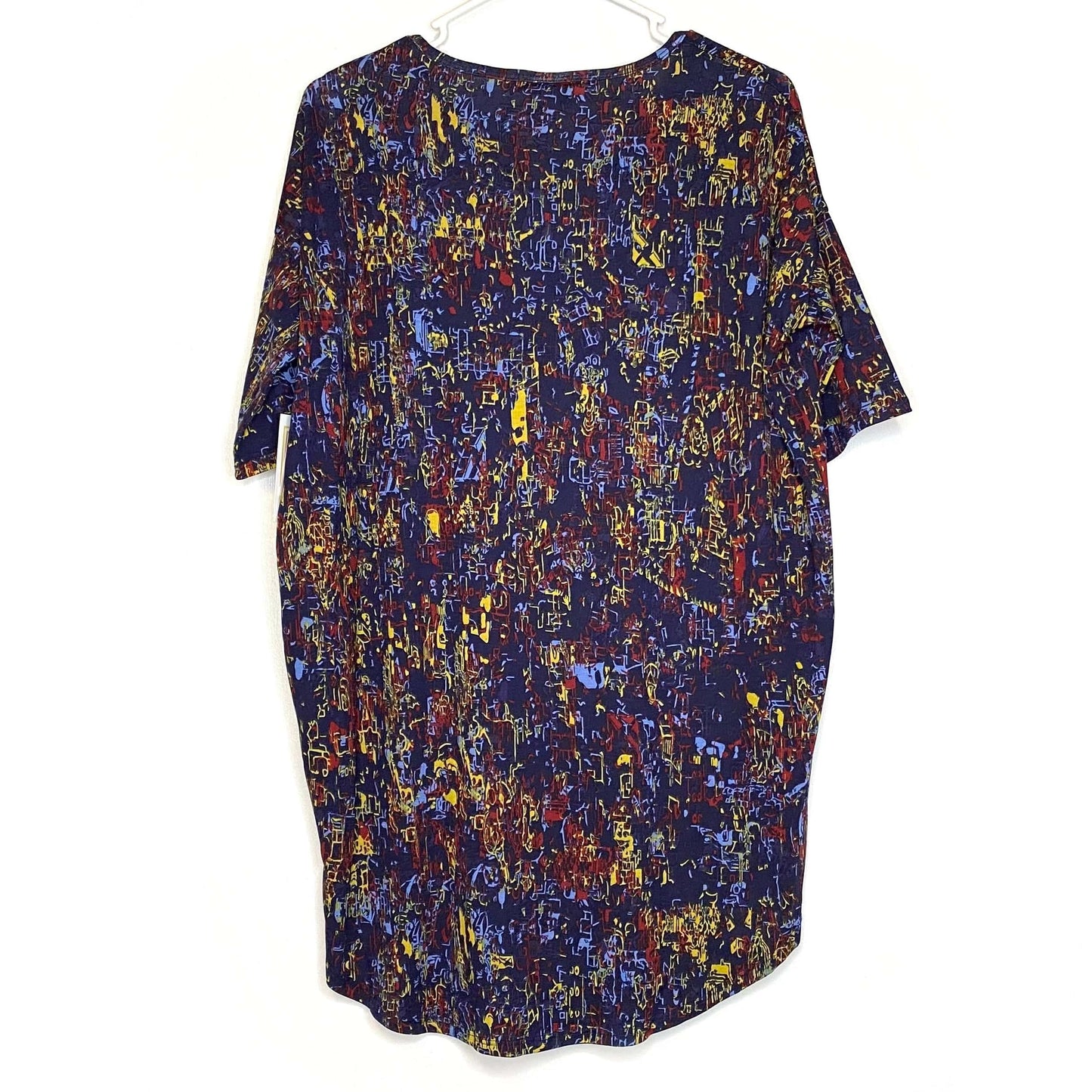 LuLaRoe Womens XXS Irma Red/Yellow/Blue Abstract S/s Tunic Top NWT