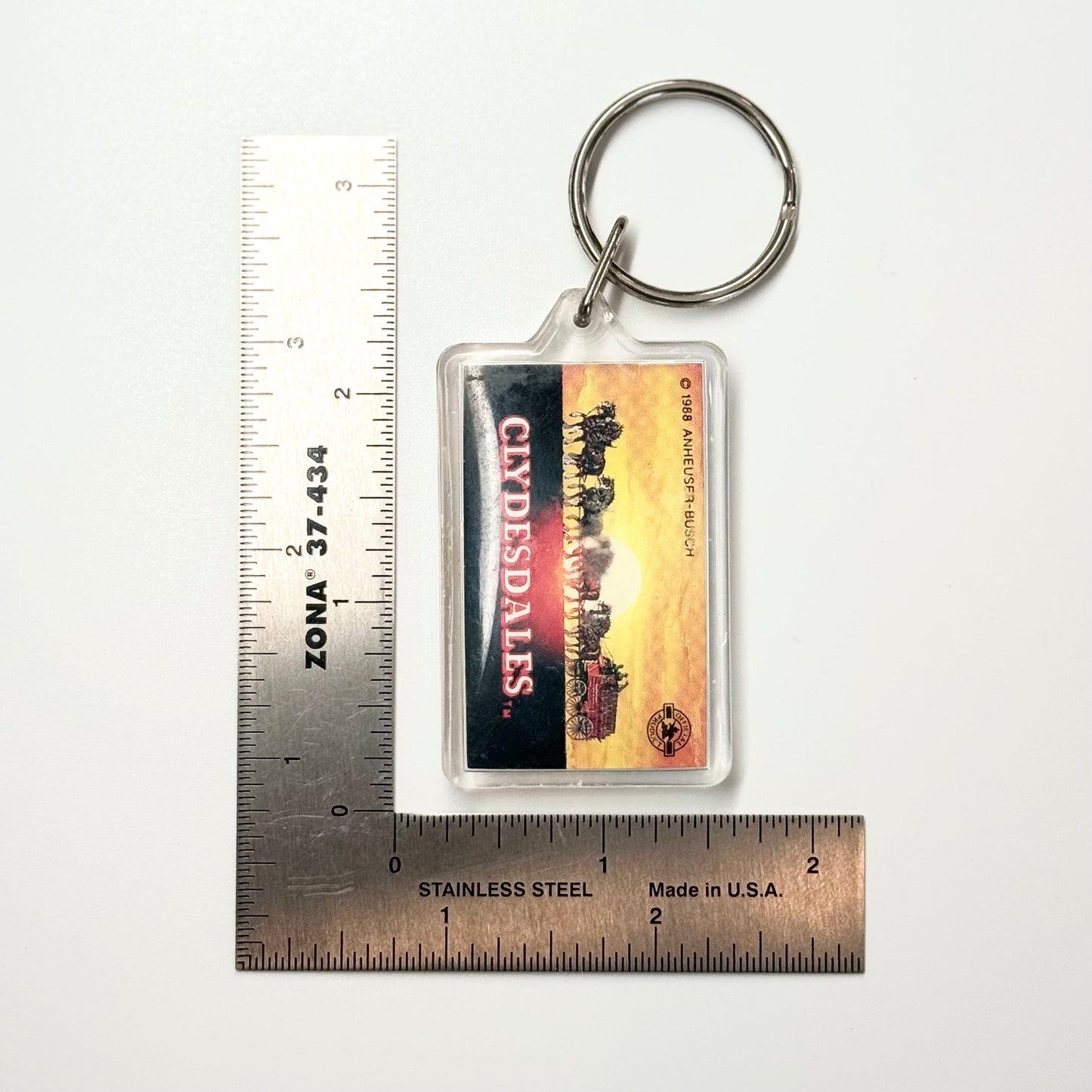 Vintage 1988 Anheuser-Busch ‘Clydesdales’ Keychain Key Ring Square Clear Acrylic, Good Condition