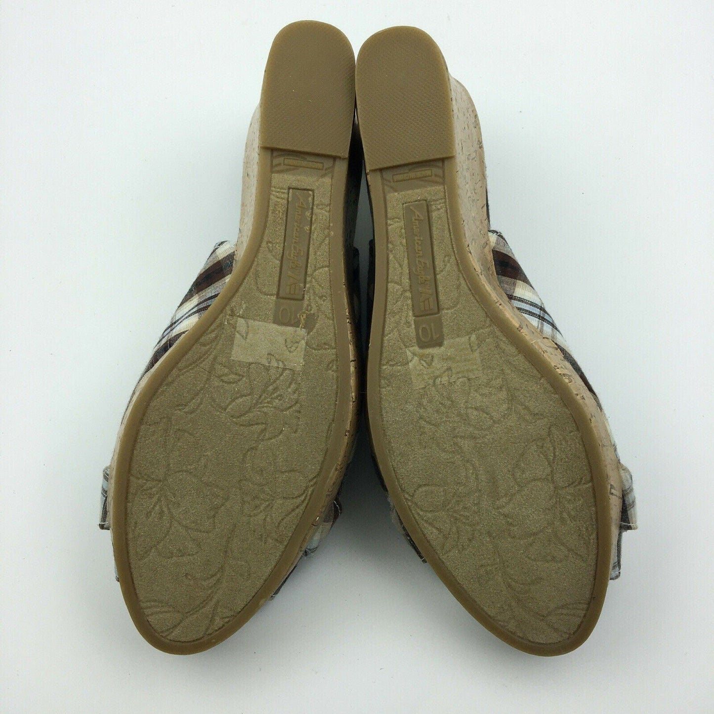 Fashionable American Eagle Womens Size 10 Cream Brown Plaid Cork Wedge Heels Shoes - | Buy at Parsimony Shoppes