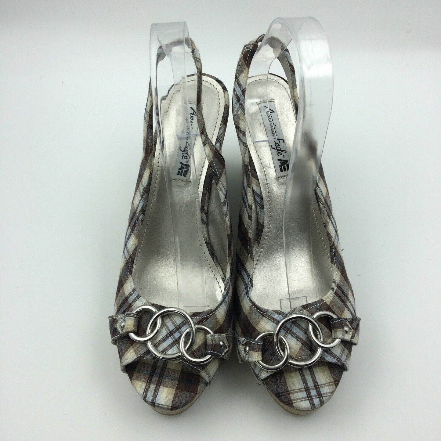 Fashionable American Eagle Womens Size 10 Cream Brown Plaid Cork Wedge Heels Shoes - | Buy at Parsimony Shoppes