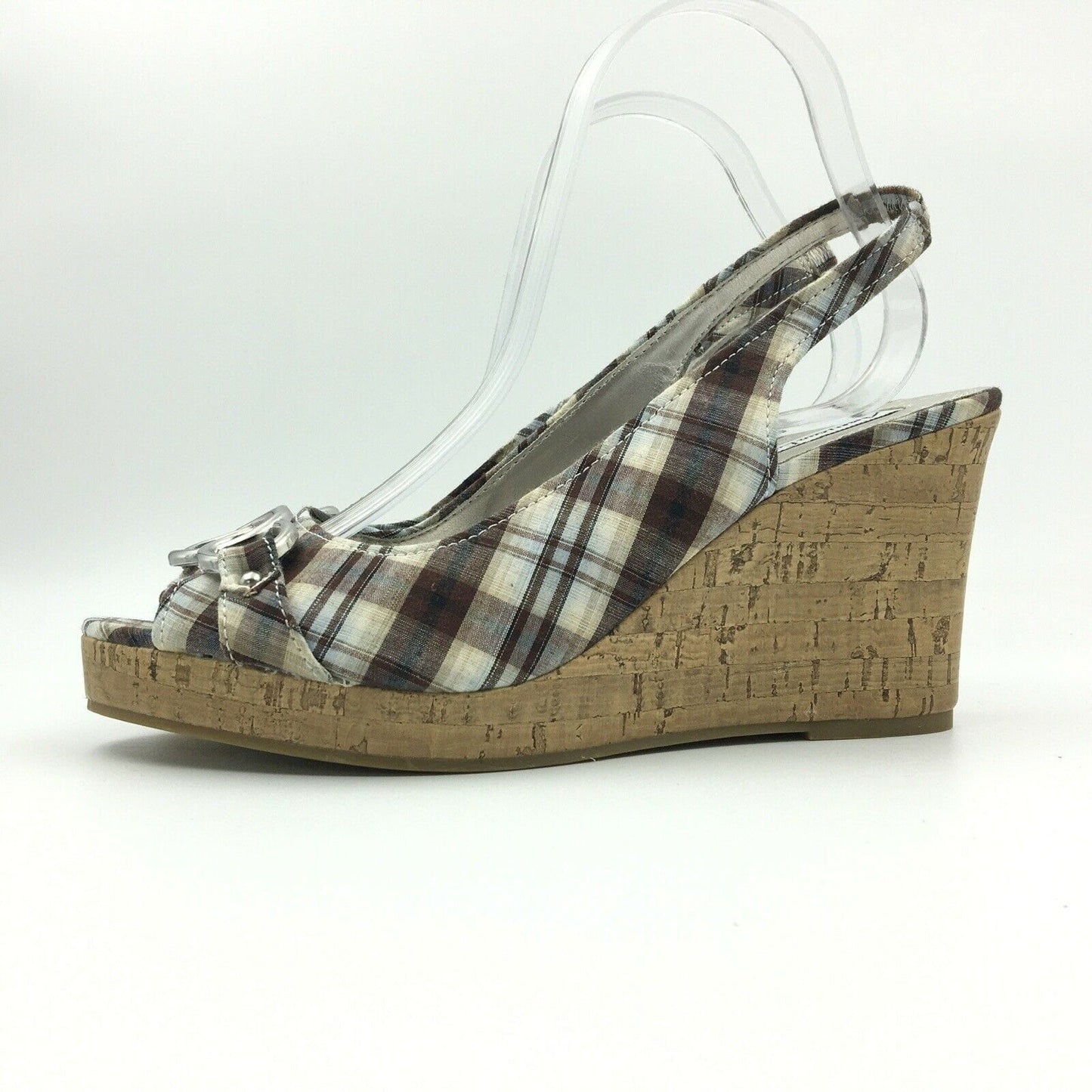 Fashionable American Eagle Womens Size 10 Cream Brown Plaid Cork Wedge Heels Shoes - | Buy at Parsimony Shoppes