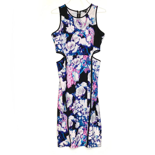 I Heart Ronson Womens Size L White/Black/Blue Floral Bodycon Cutout Dress Knee Length