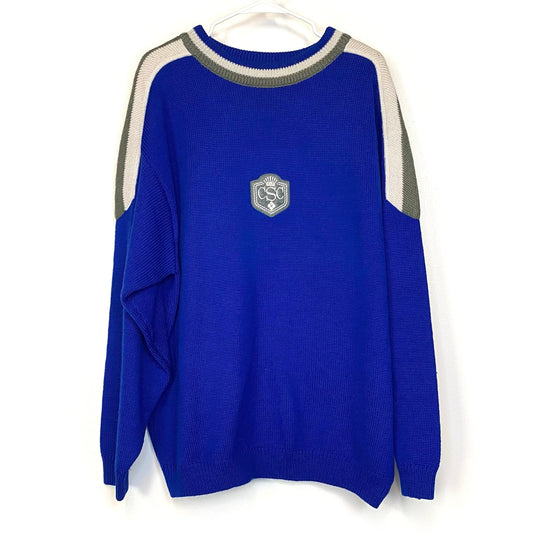 Vintage Columbia Mens Wool Sweater Size L Blue/Gray/White Emroidered Logo Crew Neck L/s
