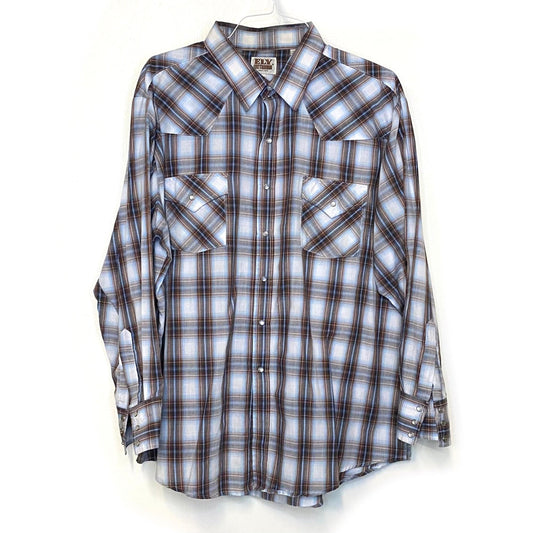Vintage Ely Cattleman Men's White, Red, and Blue Plaid Western Pearl Snap Shirt - Size XXL - Long Sleeve