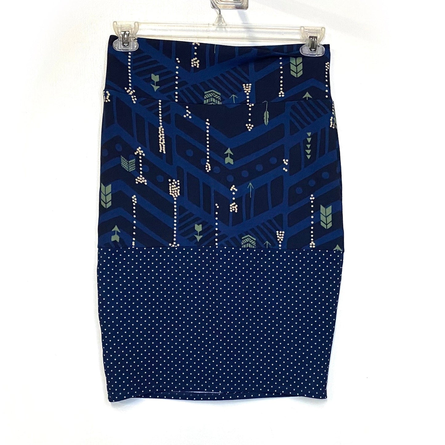 LuLaRoe Womens S Cassie Skirt ‘Denim Blue’ Green/Cream/Blue Arrows NWT