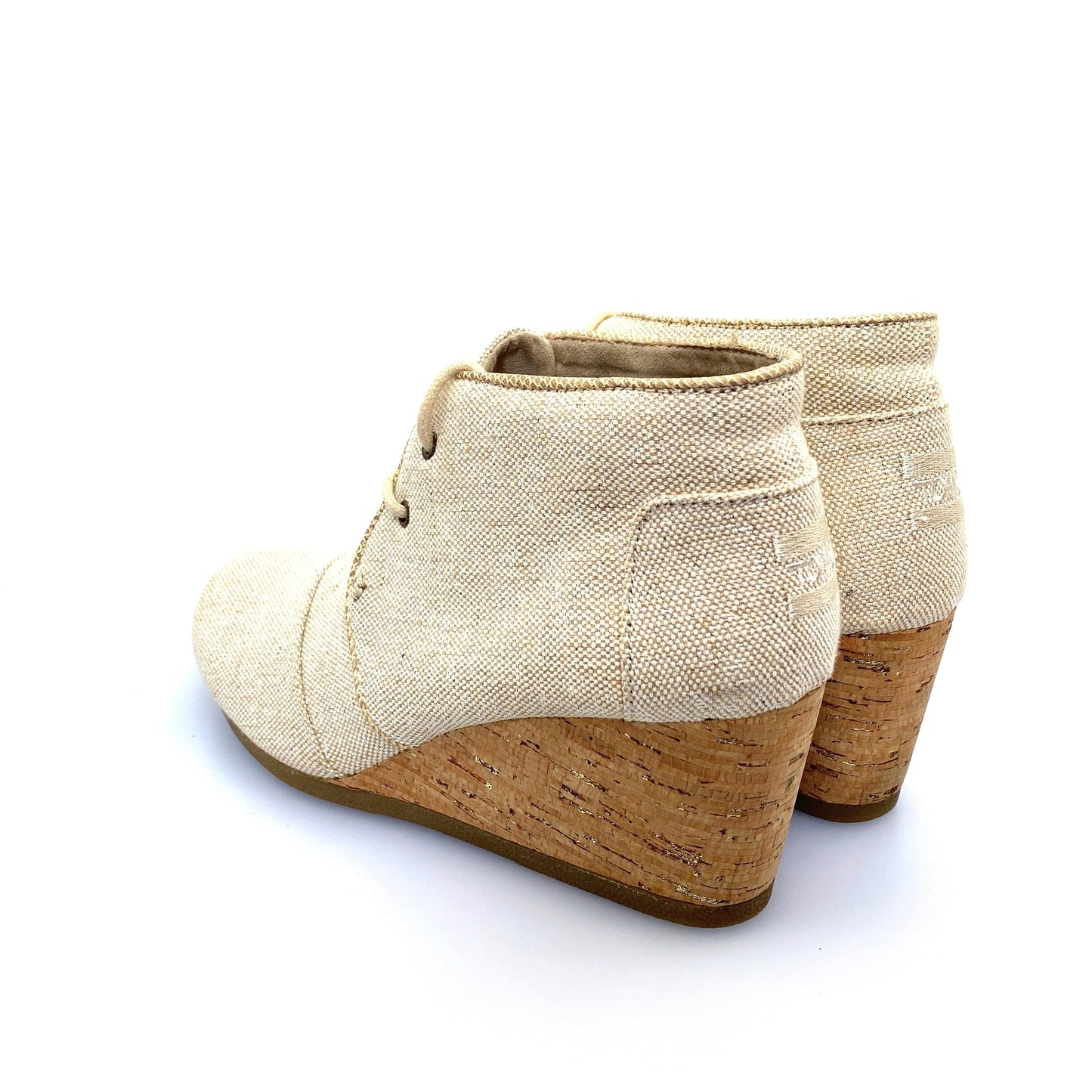 Toms Womens Desert Wedge Ankle Bootie Silver-Beige Canvas Cork Lace-Up