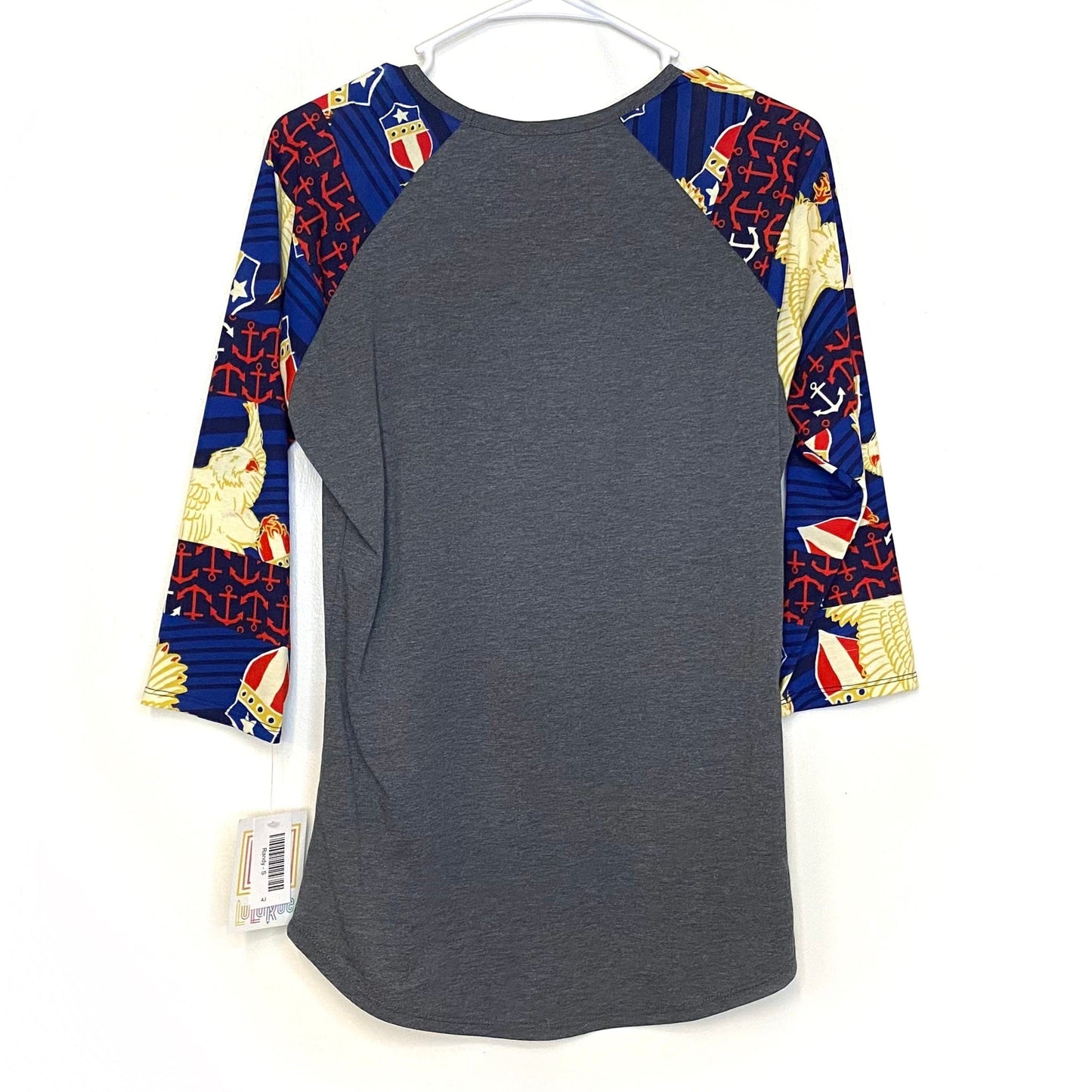 LuLaRoe Unisex S Red/Blue/Gray ‘Eagle and Crest’ Patriotic Randy Raglan T-Shirt ¾ Sleeves NWT