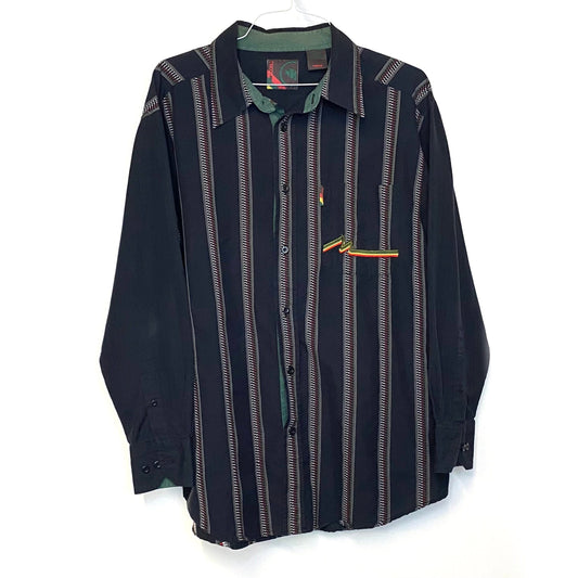 Vintage Mecca USA Men's Black Multicolor Striped Shirt - Size L - Long Sleeve