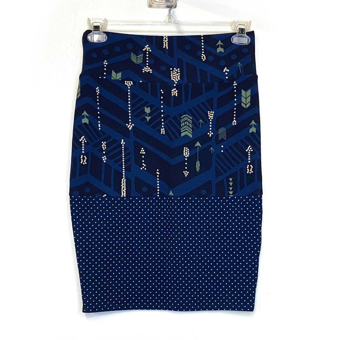 LuLaRoe Womens S Cassie Skirt ‘Denim Blue’ Green/Cream/Blue Arrows NWT