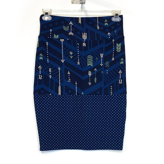 LuLaRoe Womens S Cassie Skirt ‘Denim Blue’ Green/Cream/Blue Arrows NWT