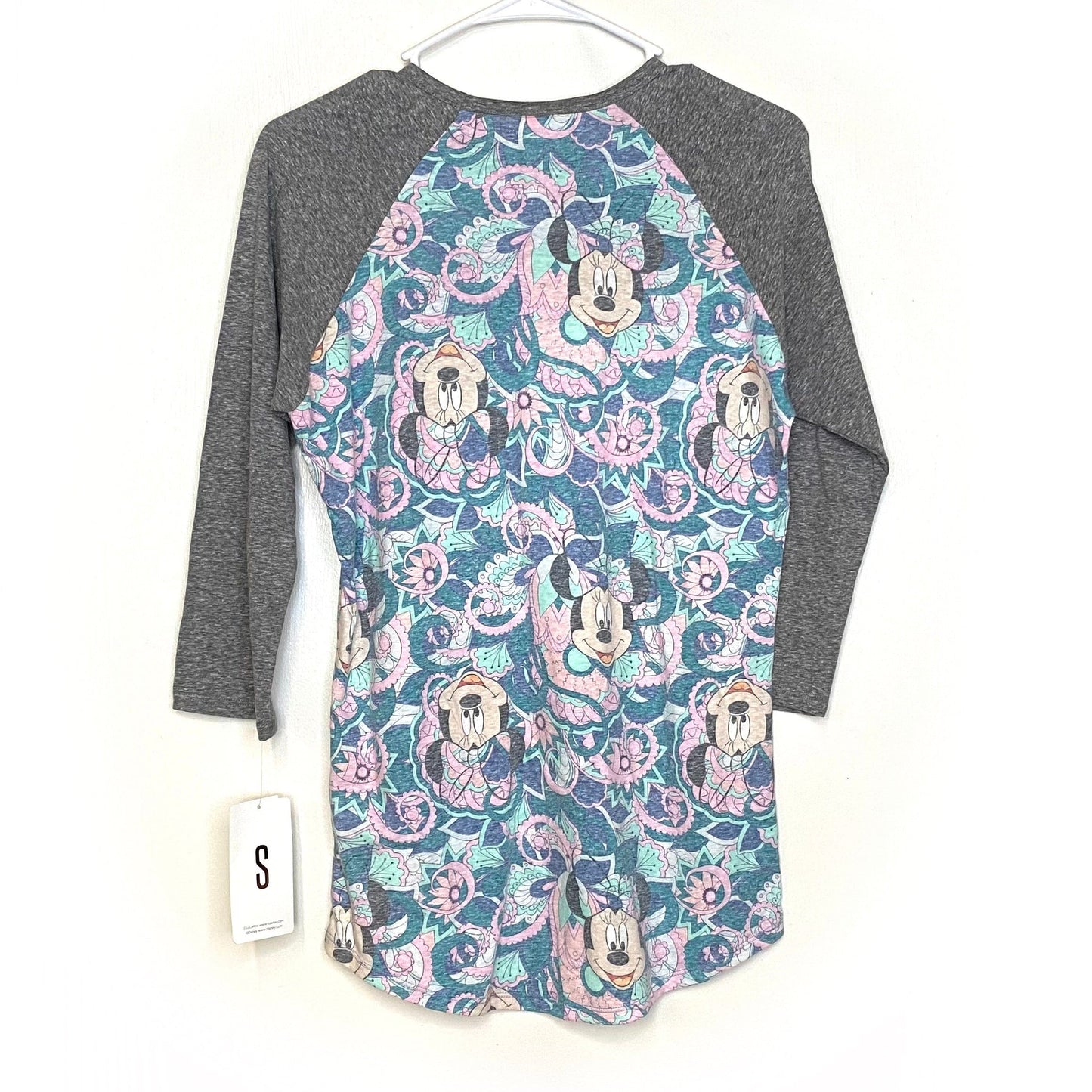 LuLaRoe Unisex S Heather Gray/Blue Randy Minnie Mouse Floral Raglan T-Shirt ¾ Sleeves NWT